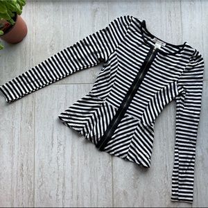 Arden B b/w stripped peplum long sleeve top